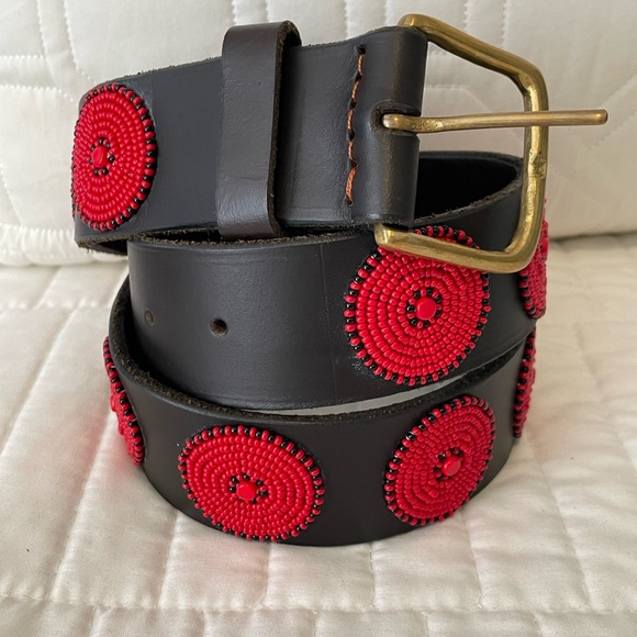 The Kenyan Collection Disk Beaded BELT Sz 32 Unisex Black Leather HANDMADE ART - Picture 10 of 12